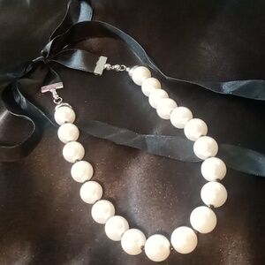 Large faux pearl statement necklace with black silk ribbon adjustable.